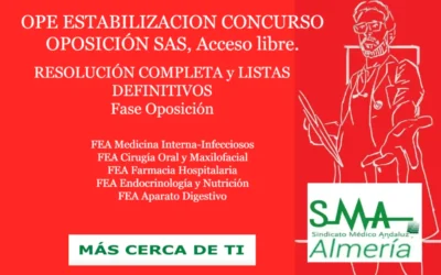 OPE ESTABILIZACION CONCURSO OPOSICIÓN SAS. RESOLUCIÓN COMPLETA y LISTAS DEFINITIVAS SUPERAN FASE OPOSICIÓN. FEA Medicina Interna-Infecciosos, Cirugía Oral y Maxilofacial, Farmacia Hospitalaria, Endocrinología y Nutrición y Aparato Digestivo, acceso libre.