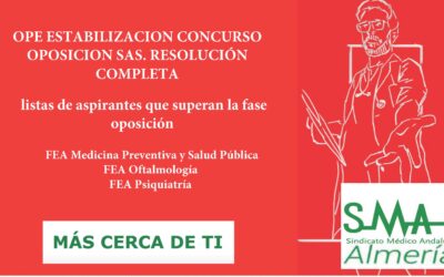 OPE ESTABILIZACION CONCURSO OPOSICIÓN SAS. RESOLUCIÓN COMPLETA y LISTAS DEFINITIVAS SUPERAN FASE OPOSICIÓN. FEA Medicina Preventiva y Salud Pública, Oftalmología y Psiquiatría. acceso libre.